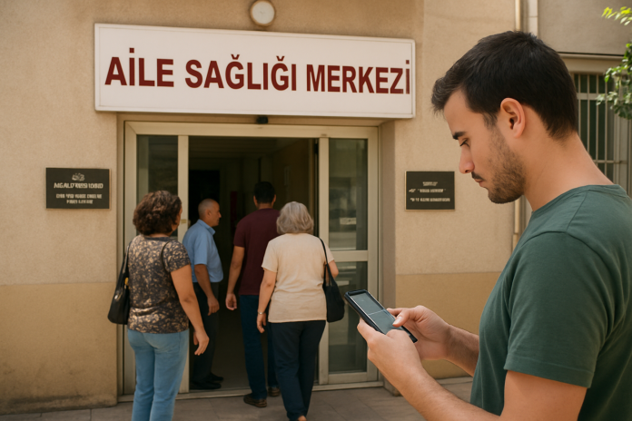 İzmir’de bir Aile Sağlığı Merkezi girişi ve e-Nabız kullanan kişi