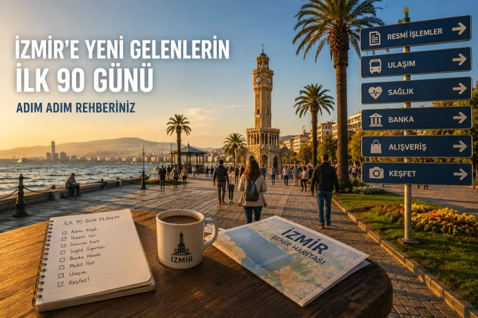 İzmir waterfront at sunset with the Clock Tower, a newcomer planning practical first steps and signs for essential city services