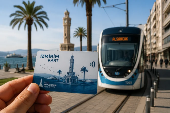 İzmirim Kart 2026 rehberi için elde tutulan fiziksel kart ve İzmir tramvayı