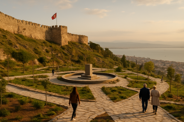 Kadifekale surları ve Pagos tepesindeki Aziz Polikarp Anı Alanı manzarası, arkada İzmir Körfezi