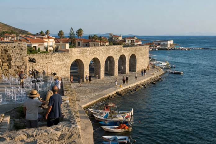Beşkapılar Castle and historic harbour walls in Old Foça beside the waterfront