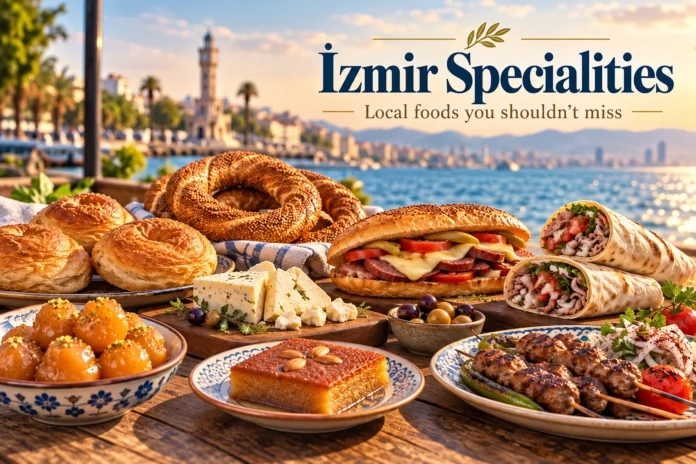 İzmir specialities including boyoz, gevrek, kumru, söğüş, lokma and Tire şiş köfte by the waterfront